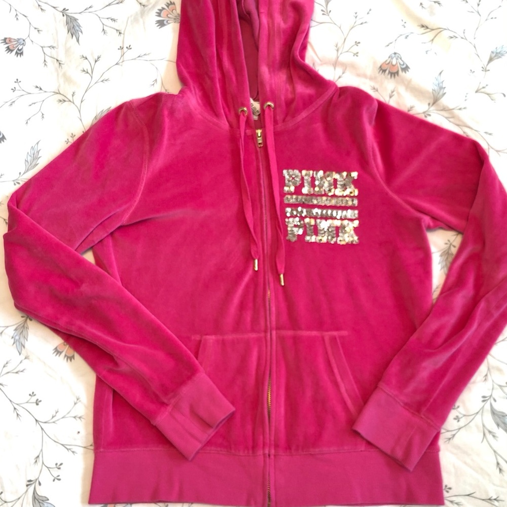 PINK velour zip up sweatshirt. Size Large